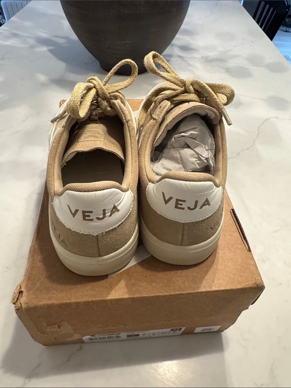 Veja Women's Suede Sneakers in Tan and White